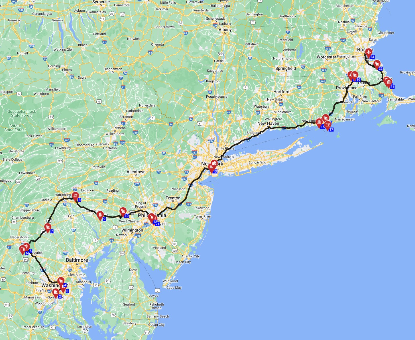 Map for Washington DC to Boston Short